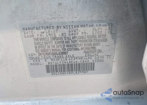 2021 Nissan Versa Sv Xtronic Cvt z USA, uszkodzony, nr VIN 3N1CN8EV8ML839987